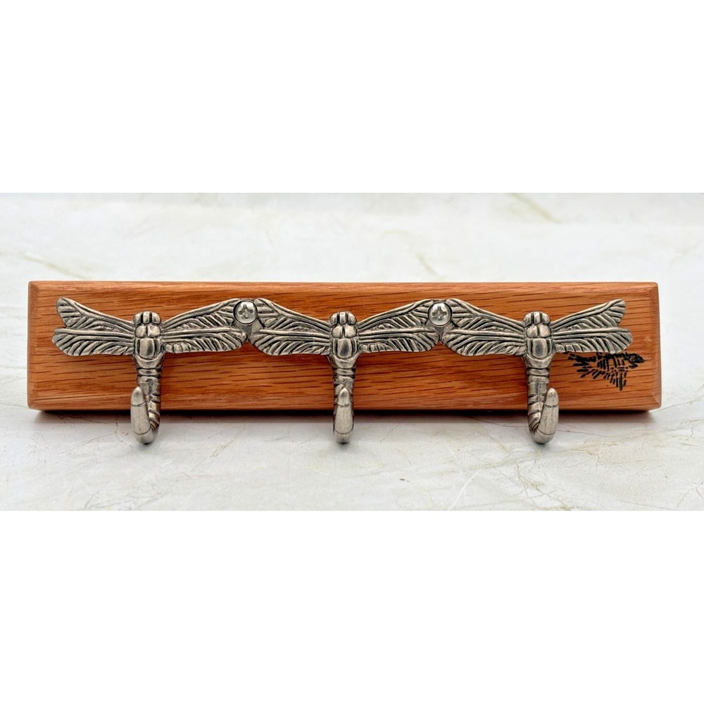 Artisan Signed Oak Dragonfly 3 Hook Key Rack Handmade 2024 Bradenton FL Bonefish